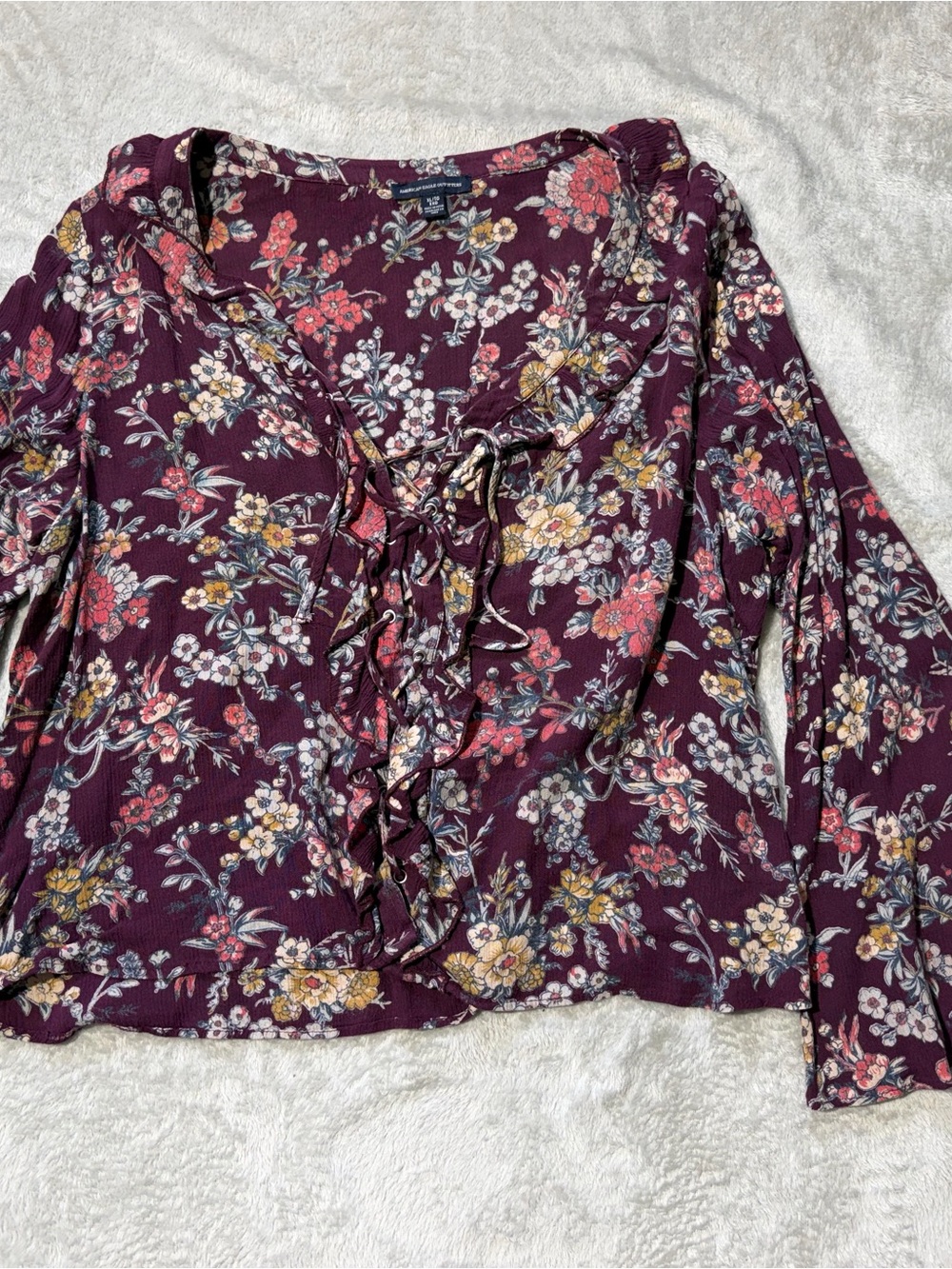 American Eagle Outfitters Plum Floral Ruffle Blouse